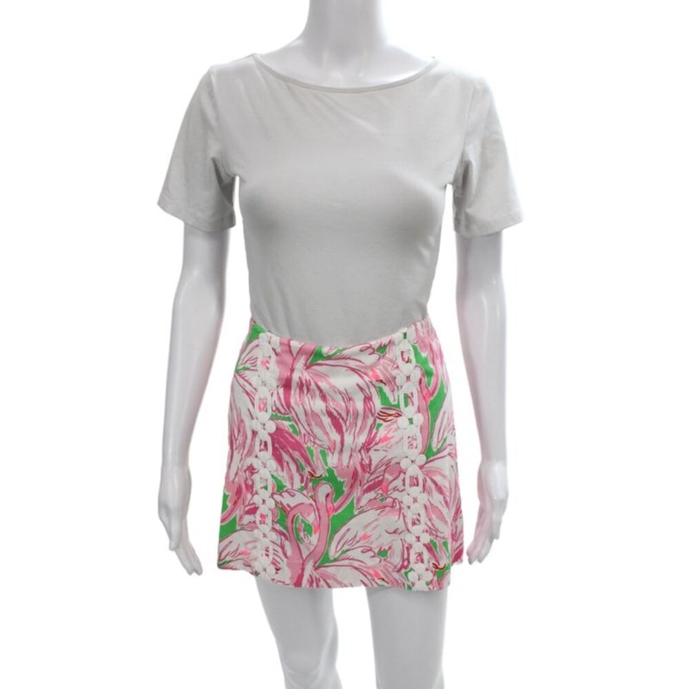 Lilly Pulitzer Womens Mini Green Animal Print Flamingo Cotton Skirt Size 0